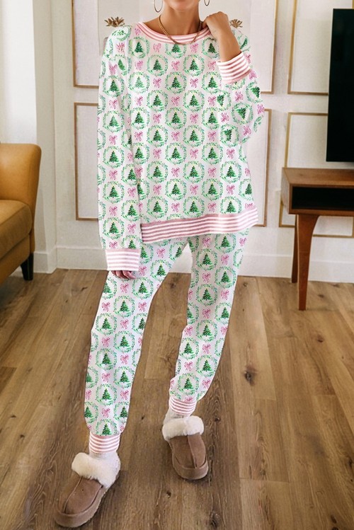 Green Bow Christmas Tree Print Contrast Striped Banding 2pcs Lounge