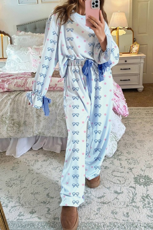 Sky Blue Stripe Bow Star Print Tied Detail 2pcs Lounge