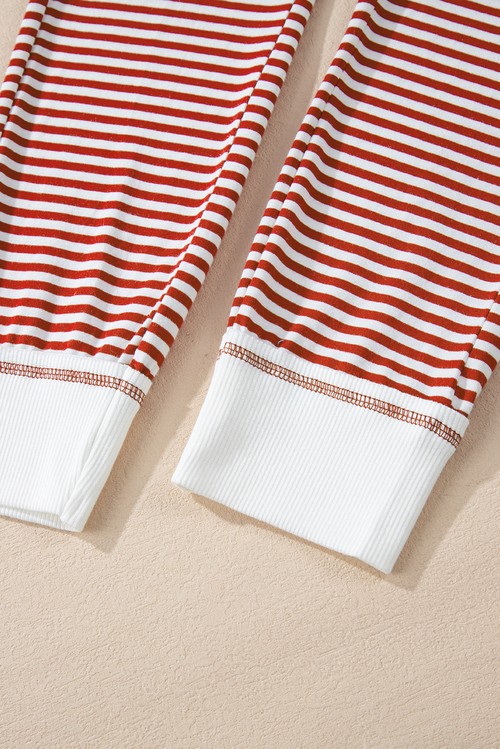 Red Stripe Buttoned V Neck Top and Knotted Waist Pants