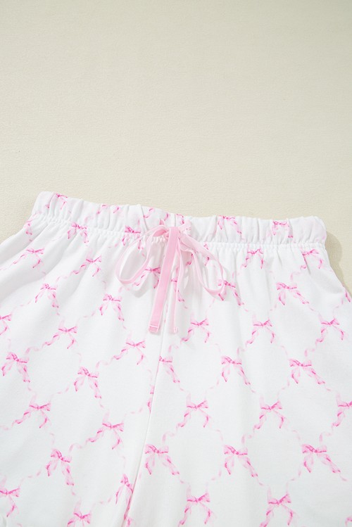 Pink Bow Knot Geometric Print Lettuce Trim Two Piece Lounge