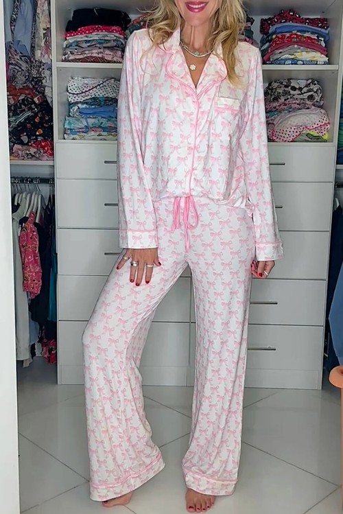 Pink Bow Print Long Sleeve Shirt and Pants Soft Pajama