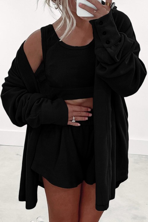 Black 3 Pcs Crop Tank Top Shorts with Cardigan Lounge