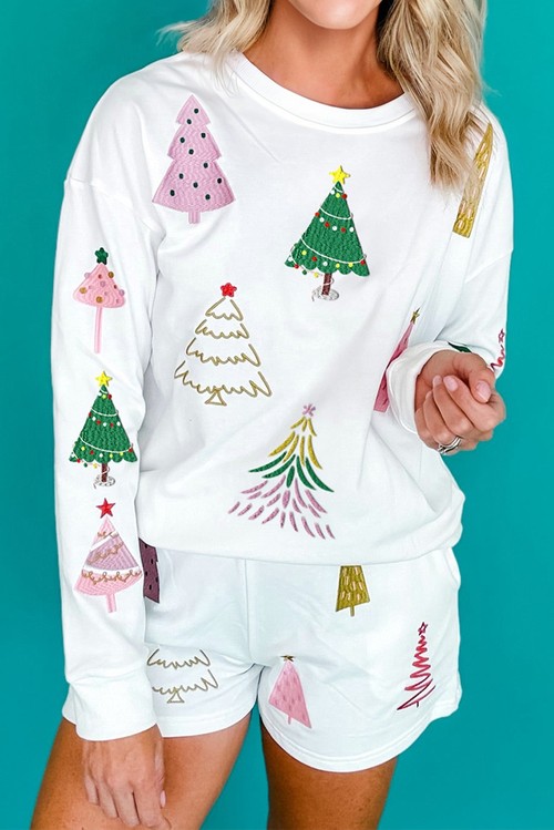 White Stripe Multi Christmas Tree Long Sleeve Top and Shorts