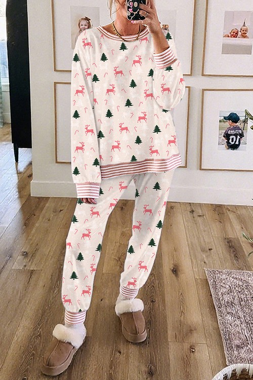 Pink Bow Christmas Tree Print Contrast Striped Banding 2pcs Lounge