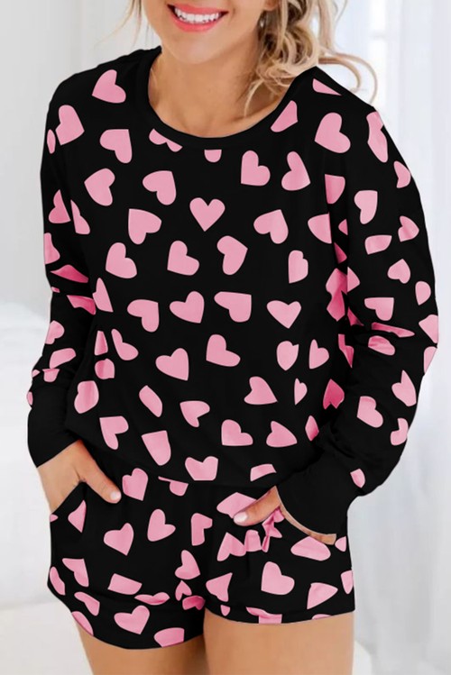 Black Valentine Heart Shape Print Long Sleeve Top Shorts Lounge