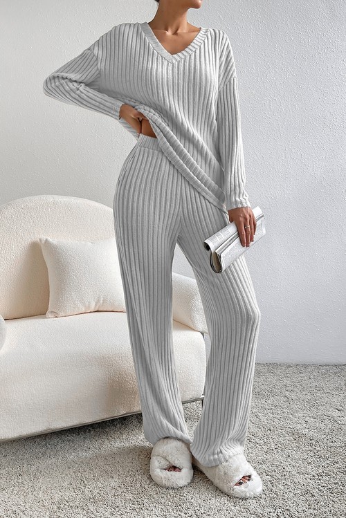 Light Grey Ribbed Knit V Neck Slouchy Two piece Outfit