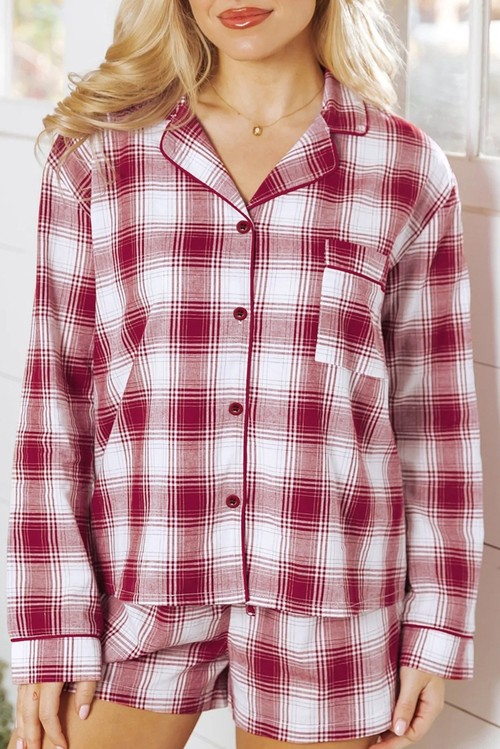 Red Retro Plaid Long Sleeve Shirt Drawstring Shorts 2pcs Lounge