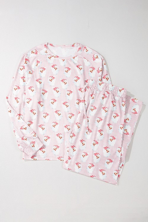 Pink Santa Claus Striped Print Loose Fit Two Piece Lounge