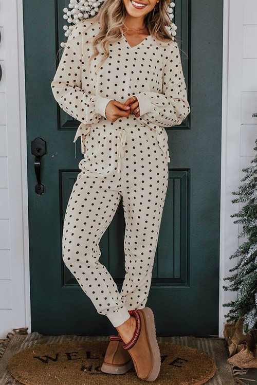 White Polka Dot Print Notched Neck Long Sleeve Top Drawstring