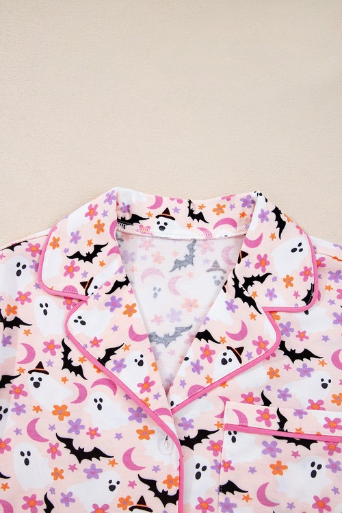 Pink Halloween Eve Haunted Honey Bat Print Pajama Set