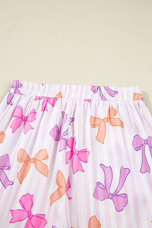 Pink Striped Bow Print Contrast Piping Trim Shirt and Pants