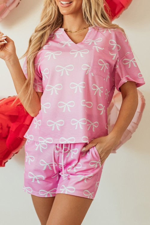 Pink Waffle Knit Bowknot Printed V Neck T Shirt and