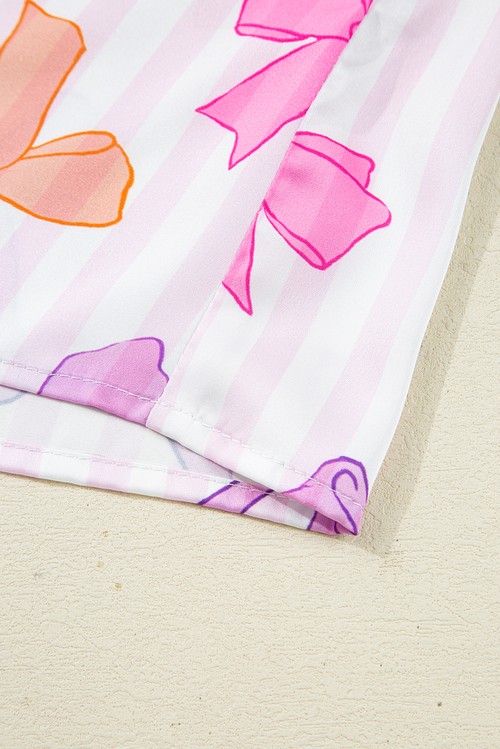 Pink Striped Bow Print Contrast Piping Trim Shirt and Pants