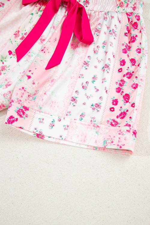 Pink Mixed Floral Print Contrast Piping Trim Satin Tie 2pcs