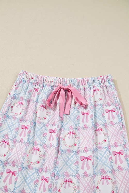 Pink Bow Wreath Pattern Christmas Holiday Tied Front Long Sleeve
