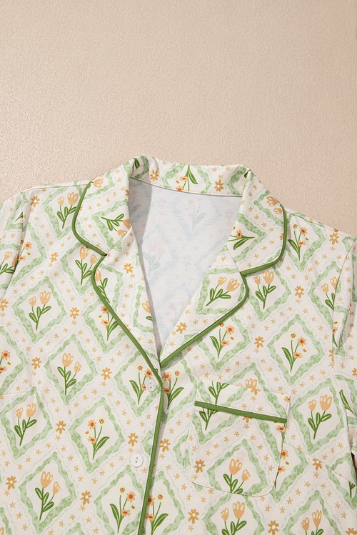 Green Floral Print Turn down Collar Short Pajamas Set