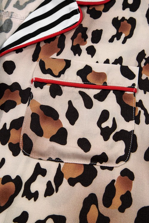 Khaki Leopard Print Colorblock Striped Edge Shirt and Pants Pajama