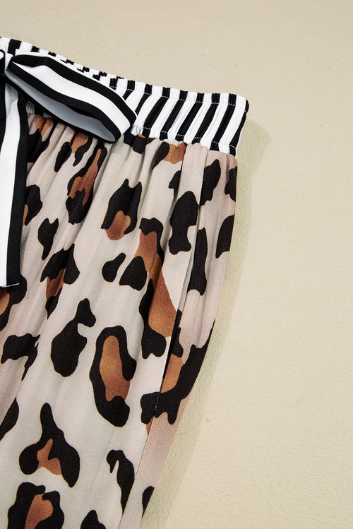 Khaki Leopard Print Colorblock Striped Edge Shirt and Pants Pajama