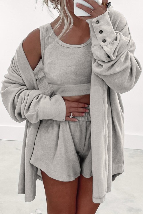 Gray 3 Pcs Crop Tank Top Shorts with Cardigan Lounge