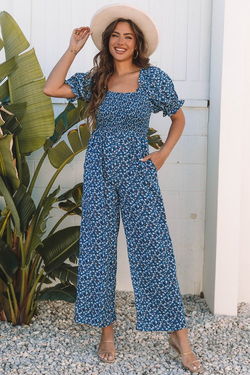 Blue Vintage Boho Floral Smocked Short Puff Sleeve Wide Leg