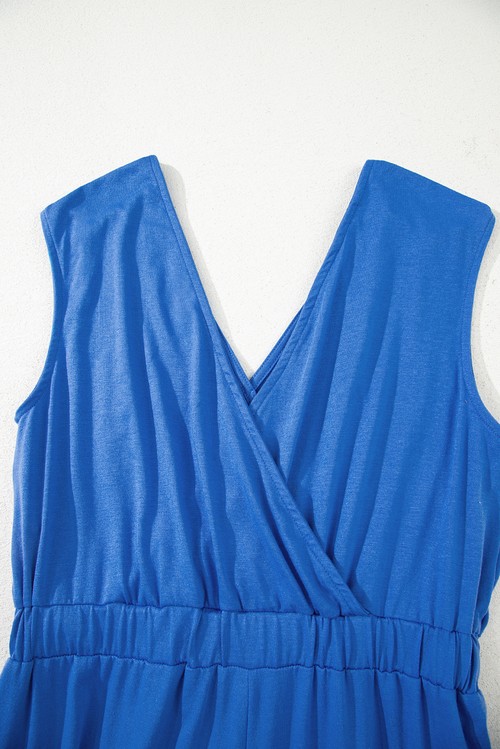 Sky Blue Deep V Pleated Crisscross Wide Leg Backless Jumpsuit