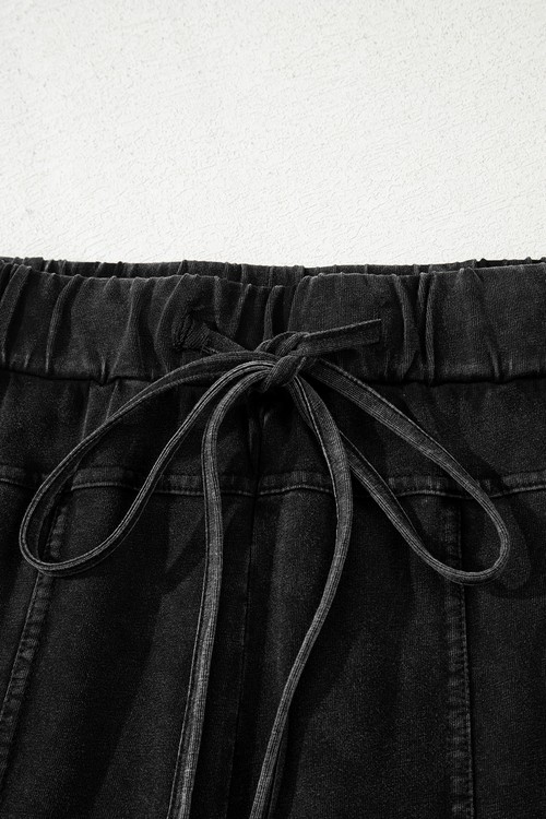 Black Mineral Wash Exposed Seam Drawstring Elastic Waistband Wide Leg