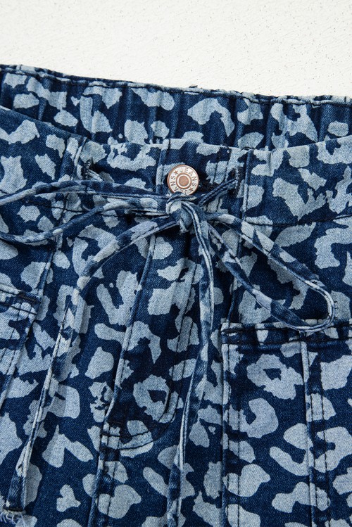 Blue Leopard Printed Drawstring Elastic Waistband Pocketed Wide Leg Jeans