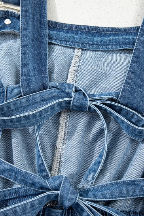 Sky Blue Buckle Straps Bib Style Tied Backless Flared Denim