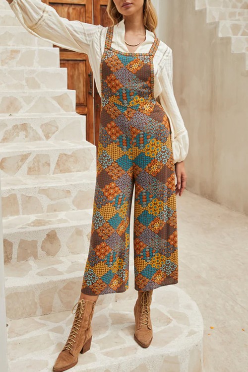 Multicolour Boho Floral Print Crossed Straps Ankle length Jumpsuit