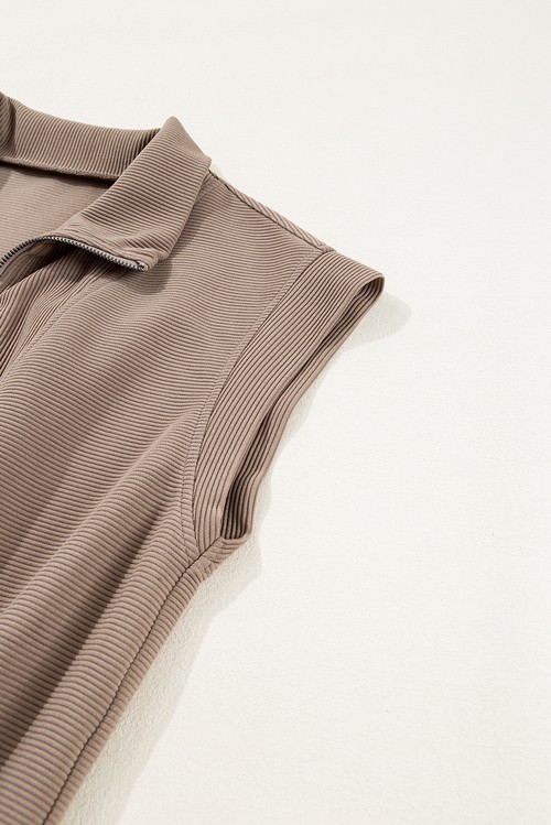 Dark Khaki Textured Short Sleeve Half Zip Drawstring Elastic Waistband