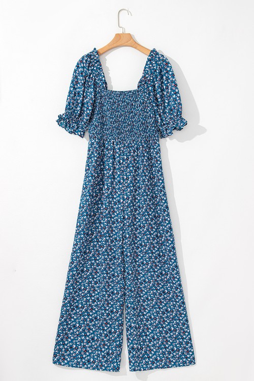 Blue Vintage Boho Floral Smocked Short Puff Sleeve Wide Leg