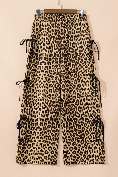 Brown Leopard Print Bow Tie Elastic Waistband Loose High Waist