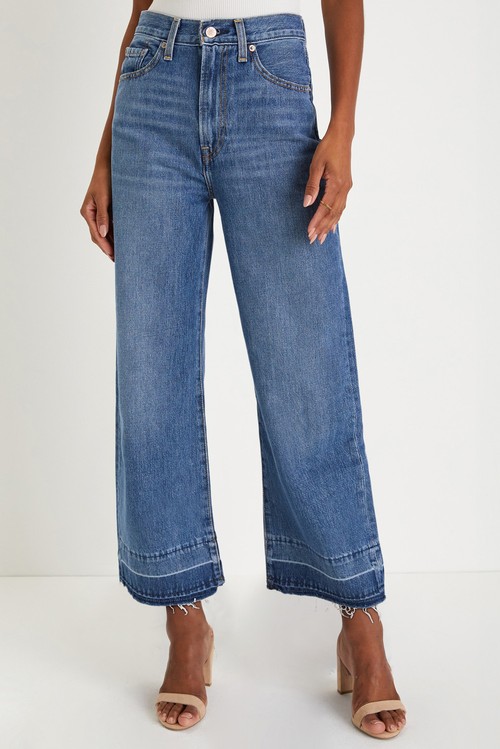 Sail Blue Raw Hem Straight Leg Loose High Waist Jeans