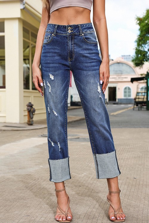 Blue 2 High Waist Distressed Straight Leg Jeans