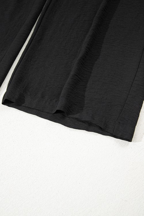 Black Drawstring Frilled Elastic Waistband Wide Leg Utility Trousers