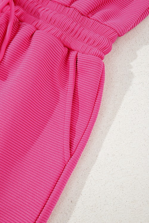 Rose Red Textured Short Sleeve Half Zip Drawstring Elastic Waistband
