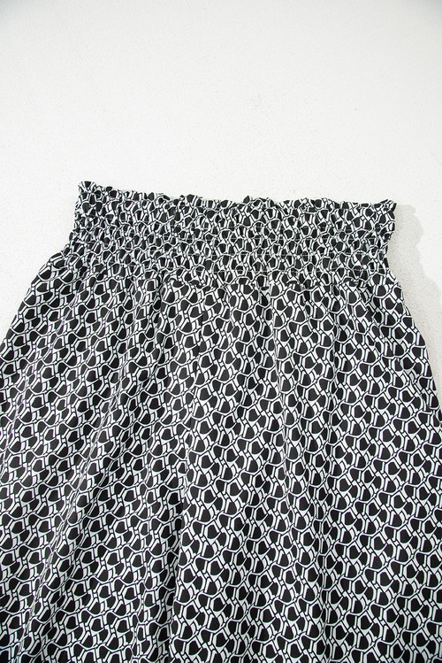 Black Bohemian Print Slit Wide Leg Smocked High Waist Pants