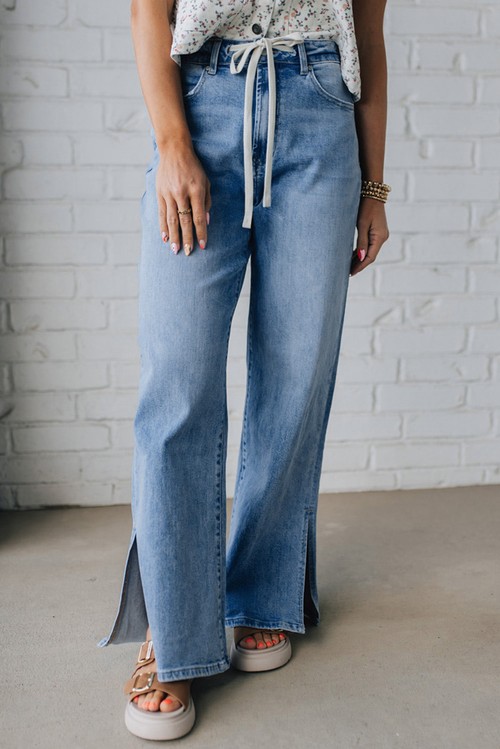 Myosotis Slit Leg High Rise Drawstring Casual Jeans