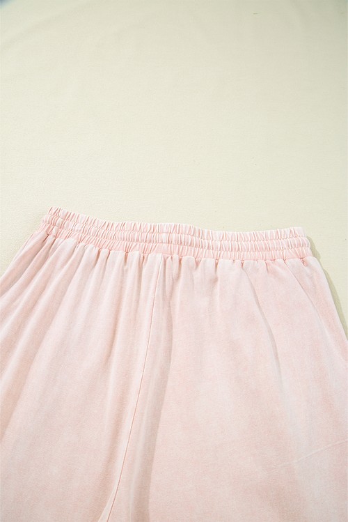Pink Flower Patch Mineral Washed Terry Knit Cropped Wide Leg
