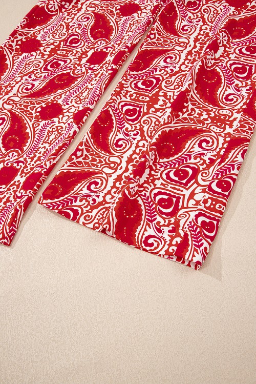 Red Paisley Printed Buttoned High Waist Straight Leg Pants