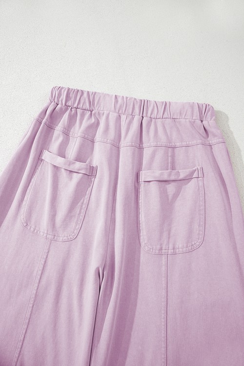 Pink Mineral Wash Exposed Seam Drawstring Elastic Waistband Wide Leg