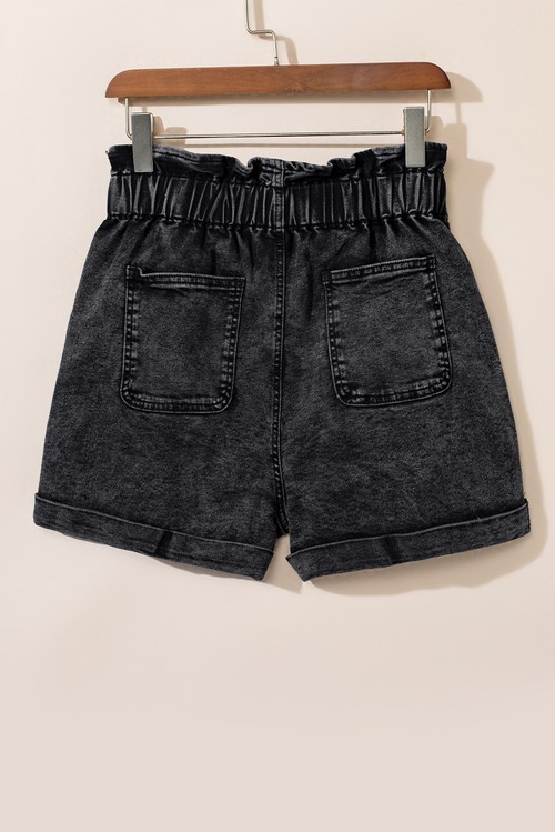 Black Vintage Washed Frilled High Waist Denim Shorts