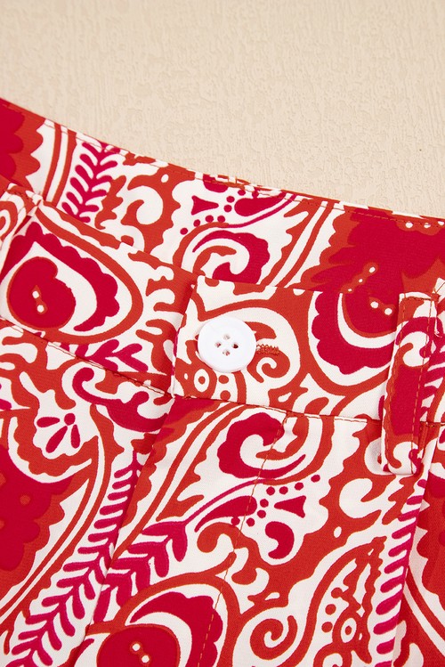 Red Paisley Printed Buttoned High Waist Straight Leg Pants