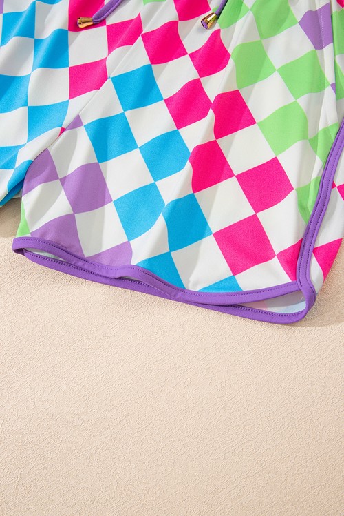 Multicolour Checkered Drawstring Elastic Waist Casual Shorts