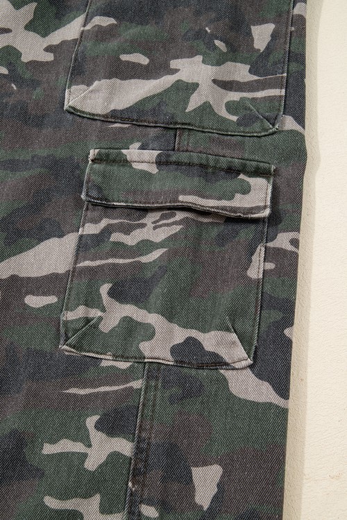 Green Camo Denim Cargo Wide Leg Pants