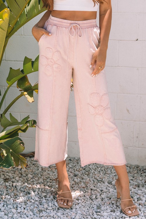 Pink Flower Patch Mineral Washed Terry Knit Cropped Wide Leg