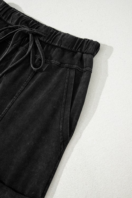 Black Mineral Wash Exposed Seam Drawstring Elastic Waistband Wide Leg