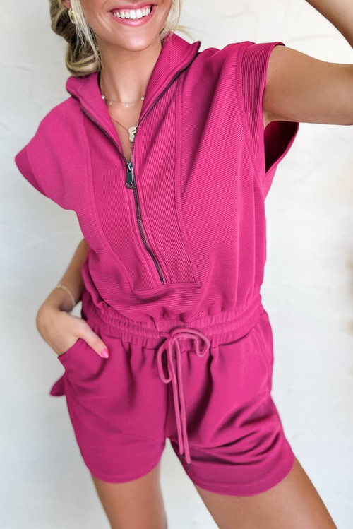 Rose Red Textured Short Sleeve Half Zip Drawstring Elastic Waistband