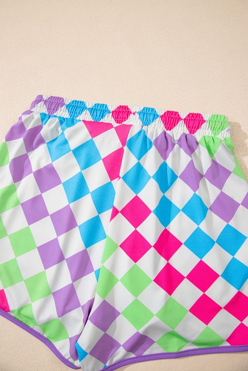Multicolour Checkered Drawstring Elastic Waist Casual Shorts