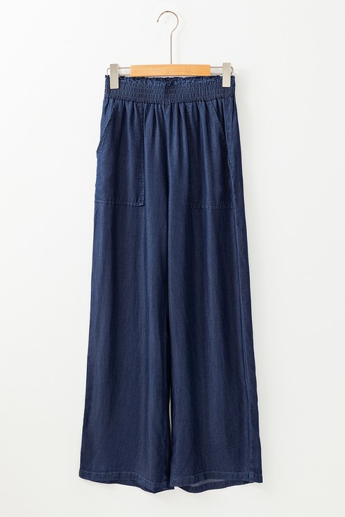 Sail Blue Side Pockets Frilled Smocked High Waist Wide Leg